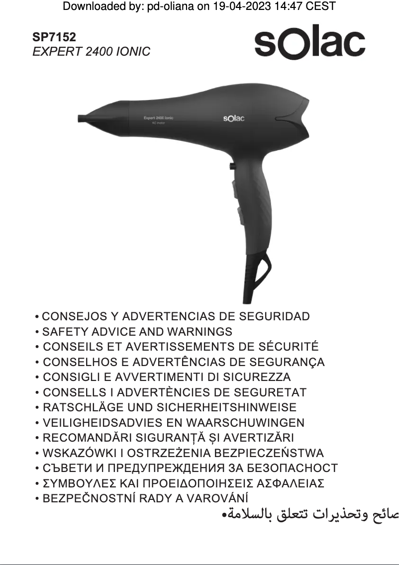 Page n°1 - Manuel utilisateur Solac Expert 2400 Ionic SP7152