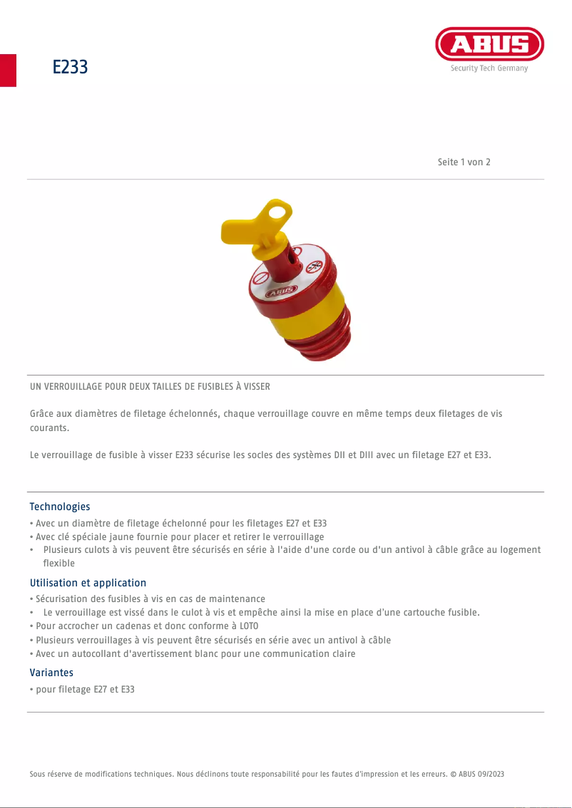 Page n°1 - Fiche technique Abus E233