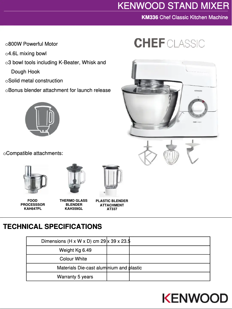 Page n°1 - Fiche technique Kenwood KM336