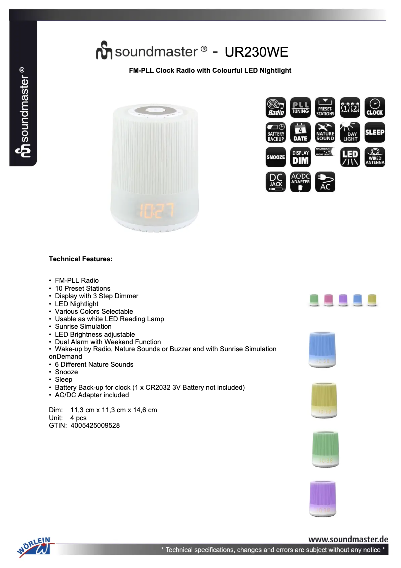 Page n°1 - Fiche technique Soundmaster UR230WE