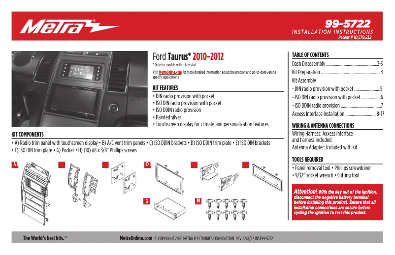 Page 1 de la notice Manuel utilisateur Metra 99-5722