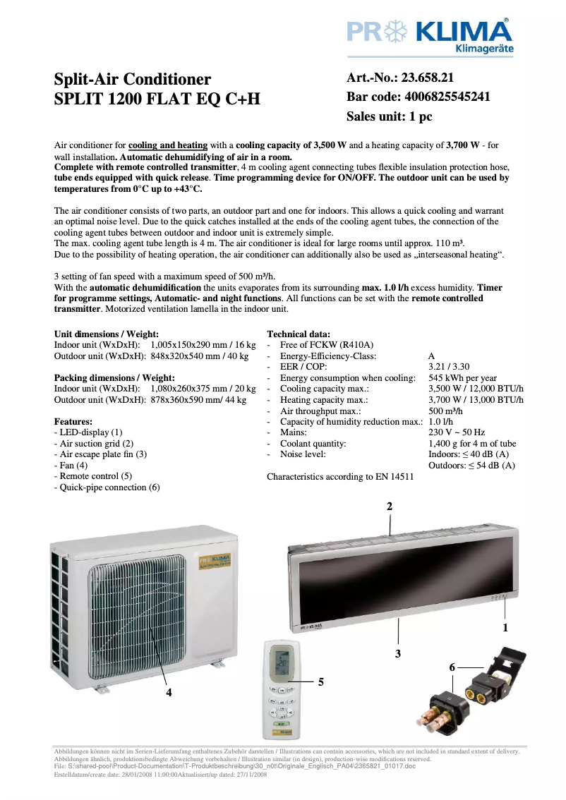 Page 1 de la notice Manuel utilisateur Proklima Split 1200 Flat EQ C+H