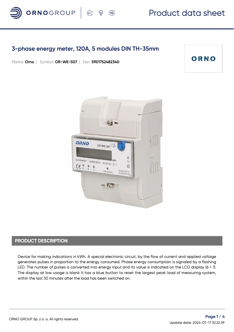 Page 1 de la notice Fiche technique ORNO OR-WE-507