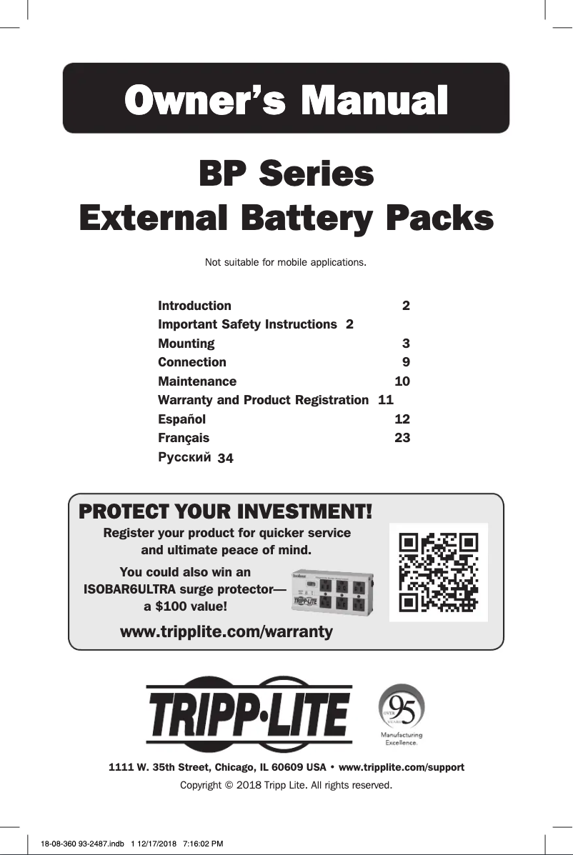 Page 1 de la notice Manuel utilisateur Tripp Lite BP72V28RT3U