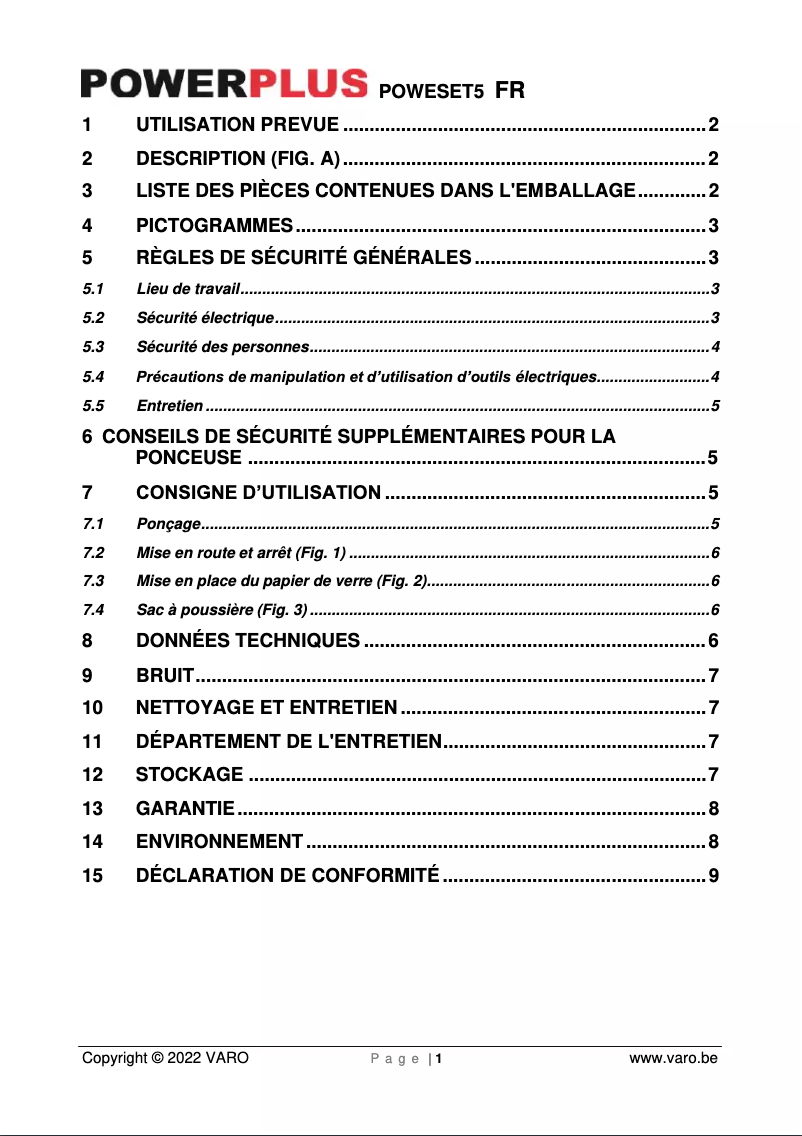 Page 1 de la notice Manuel utilisateur PowerPlus POWESET5