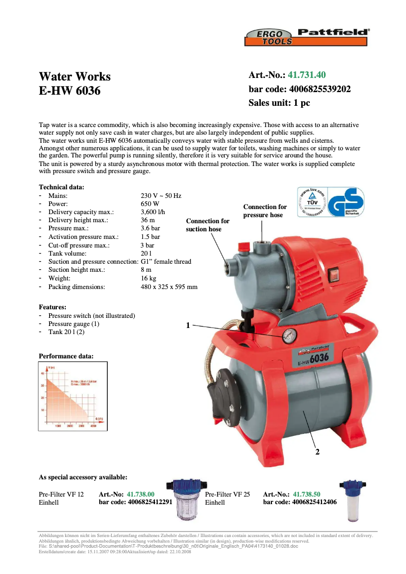 Page n°1 - Manuel utilisateur Ergotools Pattfield E-HW 6036