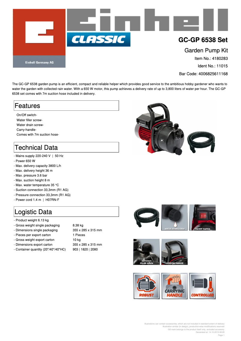 Page n°1 - Fiche technique Einhell GC-GP 6538 Set