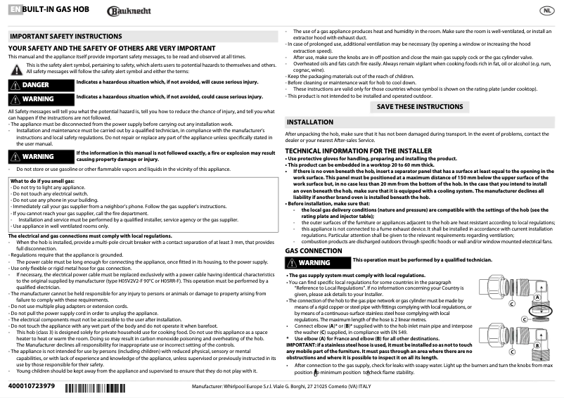 Page 1 de la notice Manuel utilisateur Bauknecht TGZ 6465