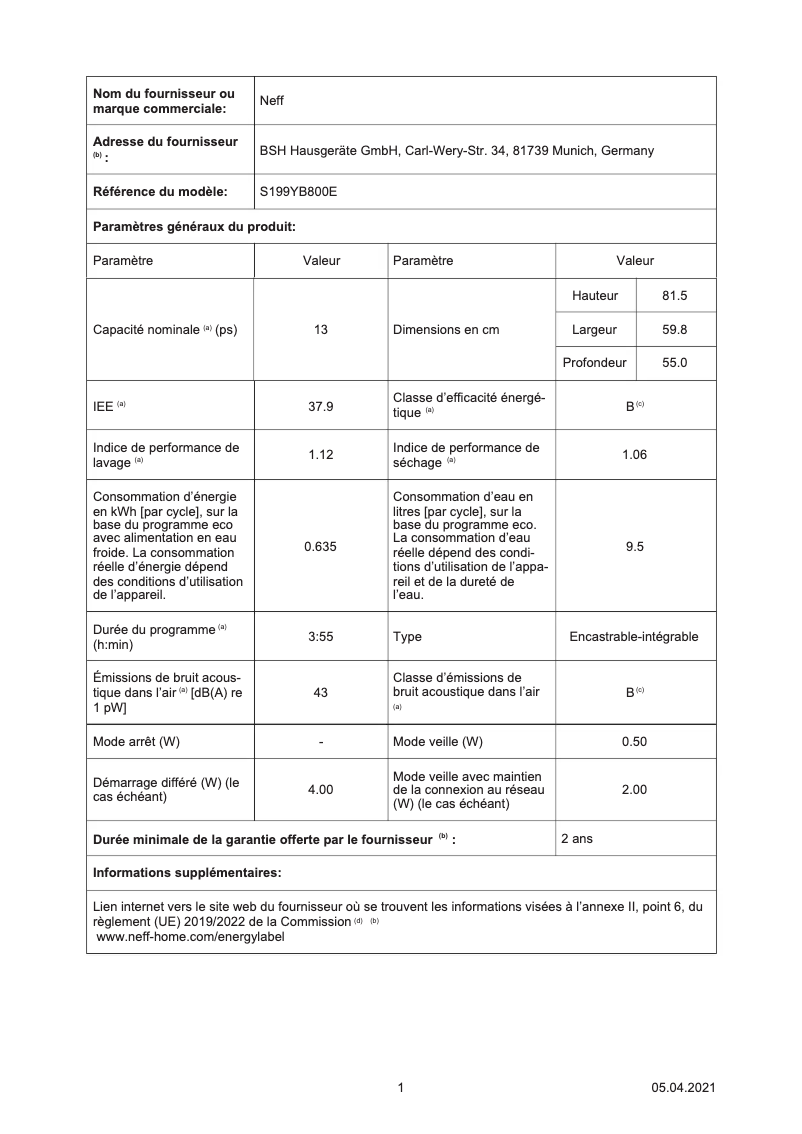 Page n°1 - Label énergétique Neff S199YB800E