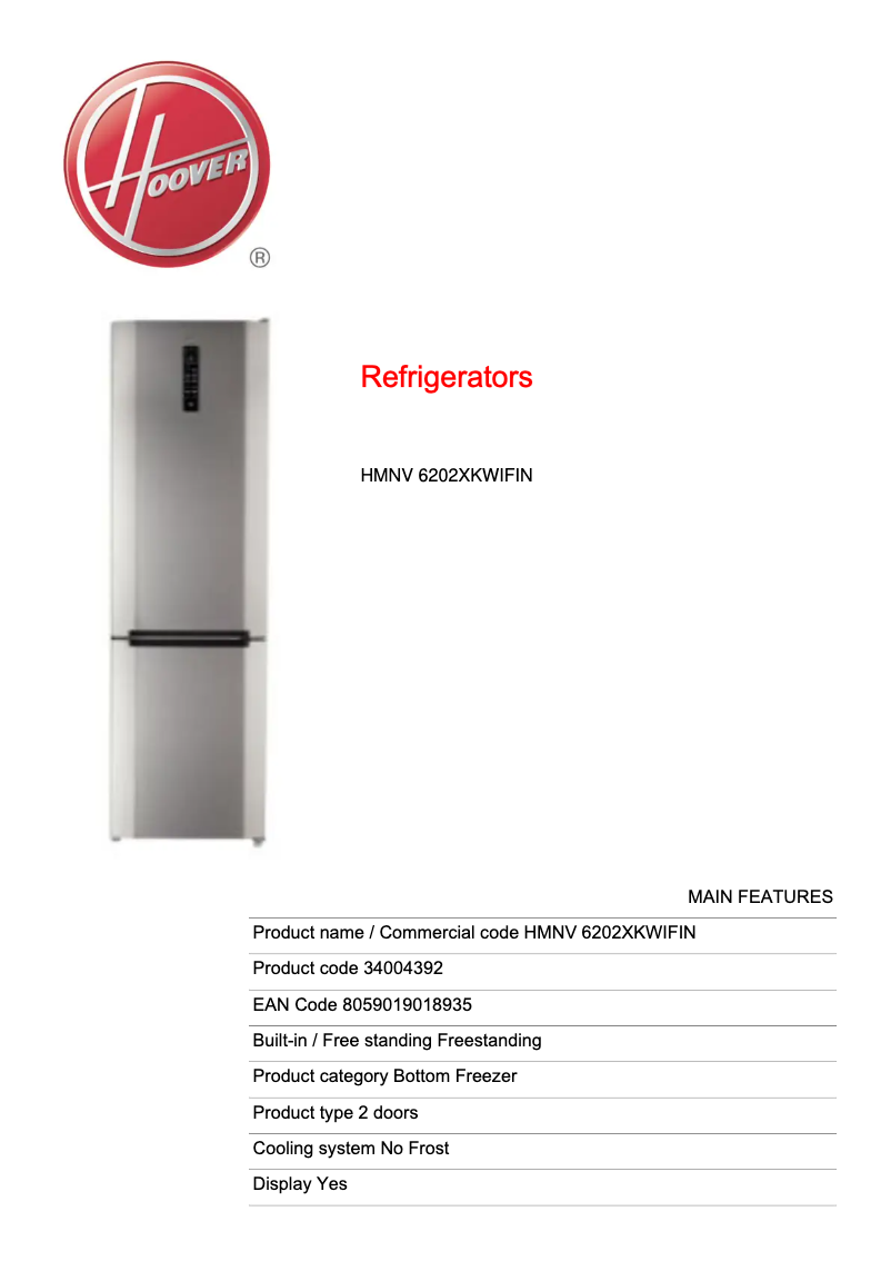 Page n°1 - Fiche technique Hoover HMNV 6202XKWIFIN