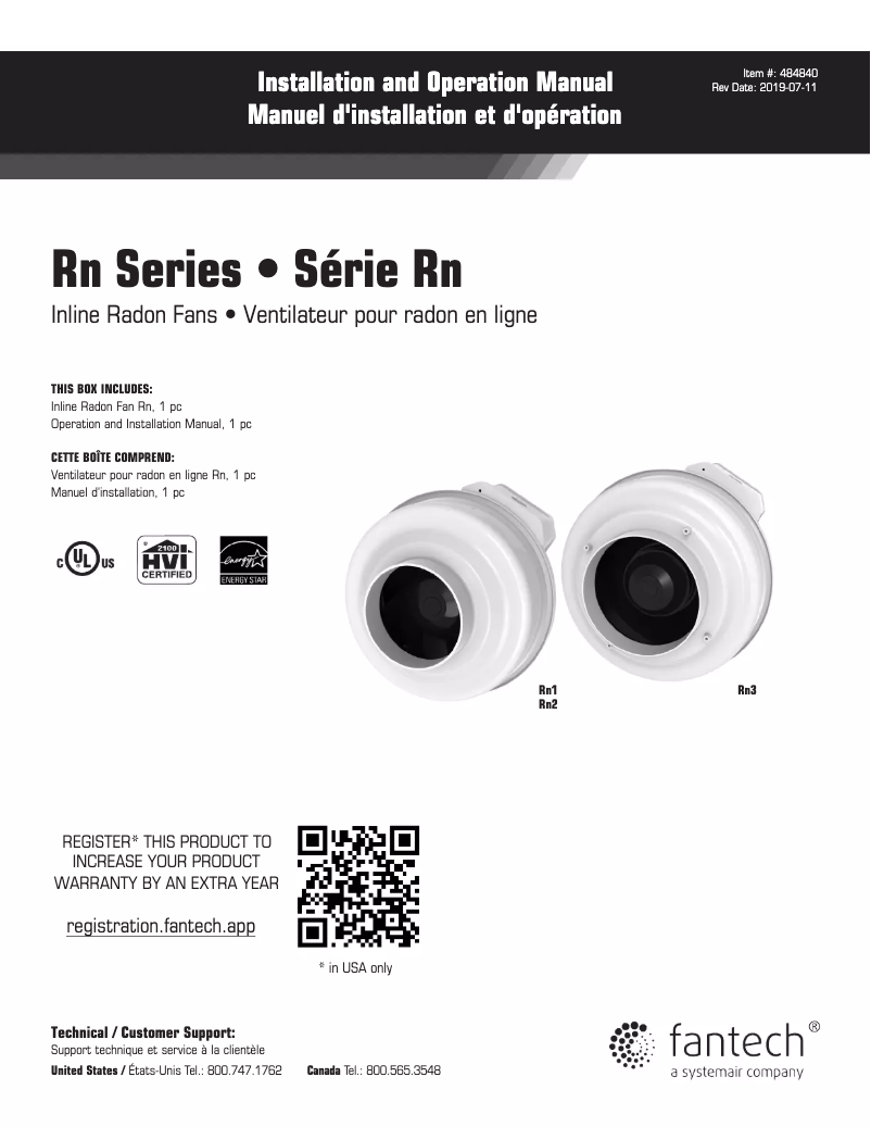 Page 1 de la notice Manuel utilisateur Fantech RN1