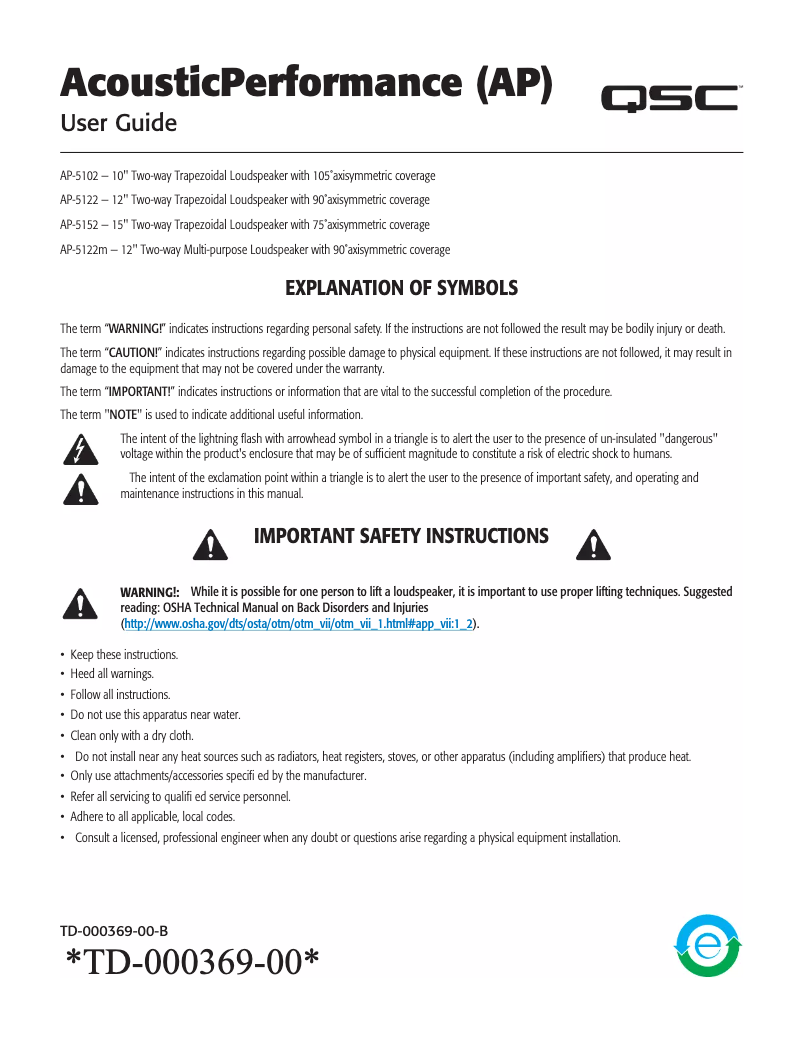 Page 1 de la notice Manuel utilisateur QSC AcousticPerformance AP-5122m