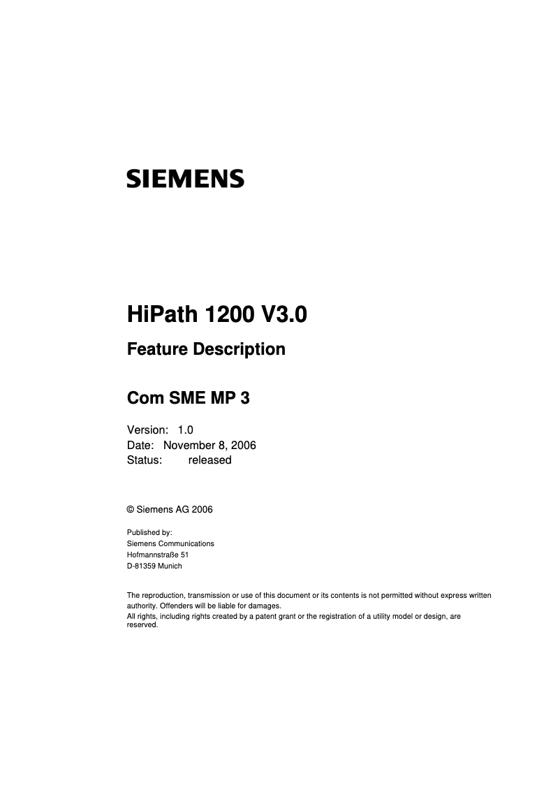 Page n°1 - Manuel utilisateur Siemens HiPath 1120 V7