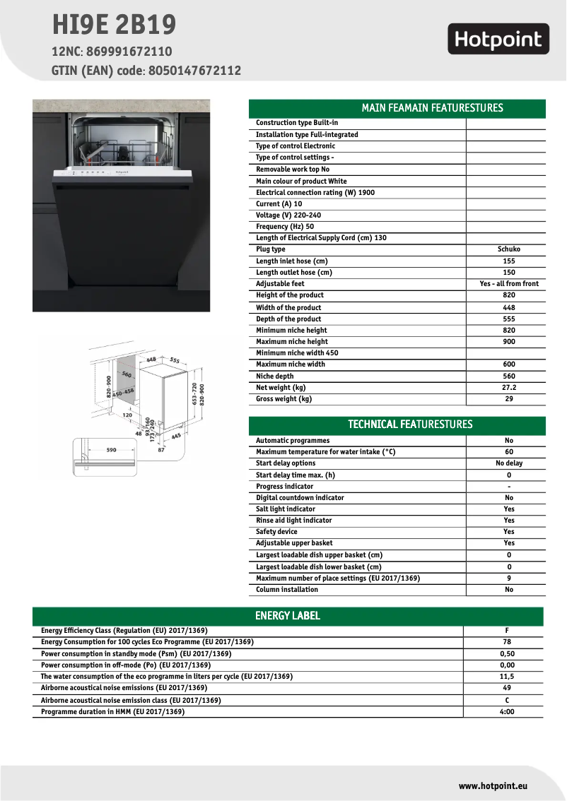 Page n°1 - Fiche technique Hotpoint HI9E 2B19