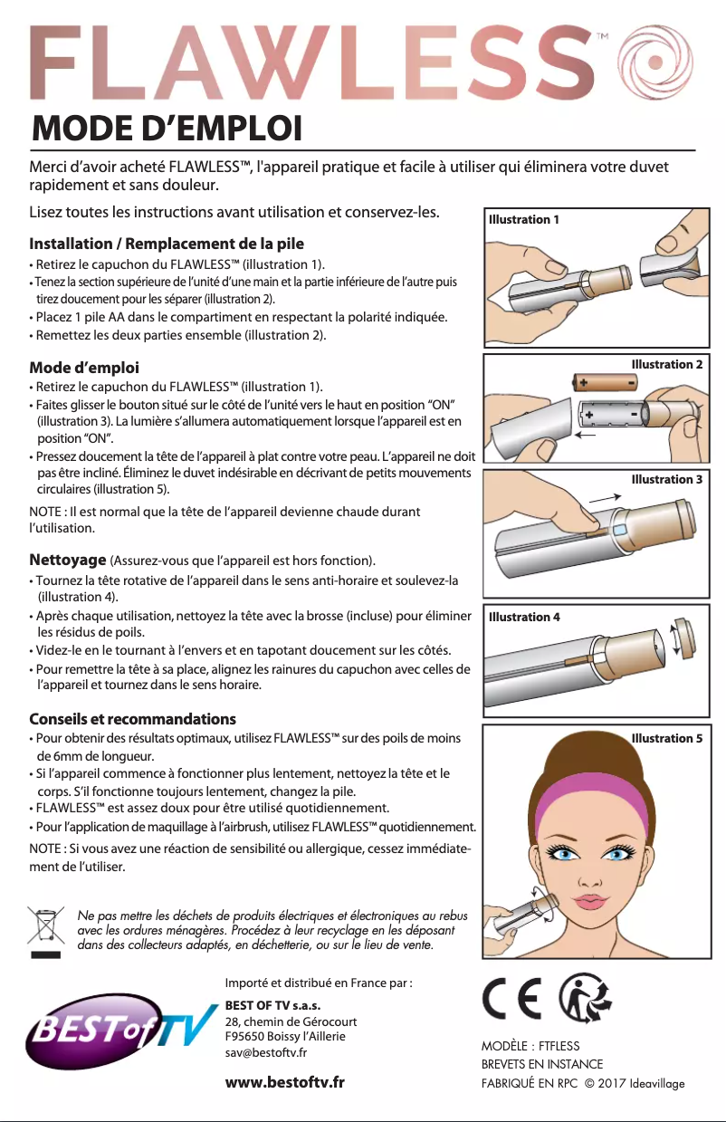 Page 1 de la notice Manuel utilisateur FLAWLESS Finishing Touch EPIL01