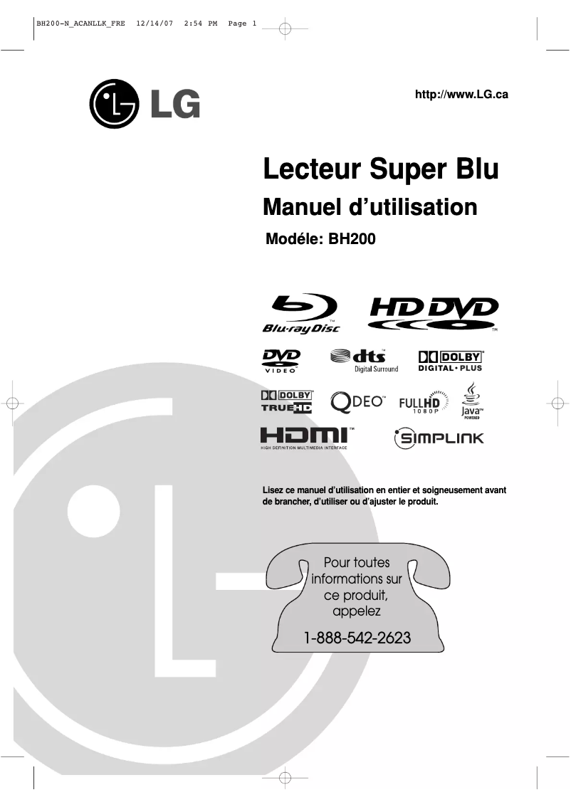 Page 1 de la notice Manuel utilisateur LG BH200