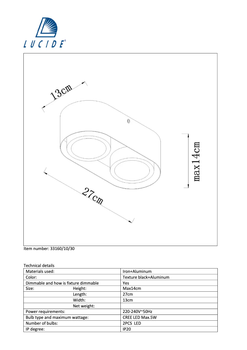 Page 1 de la notice Manuel utilisateur Lucide Radus 33160/10/30