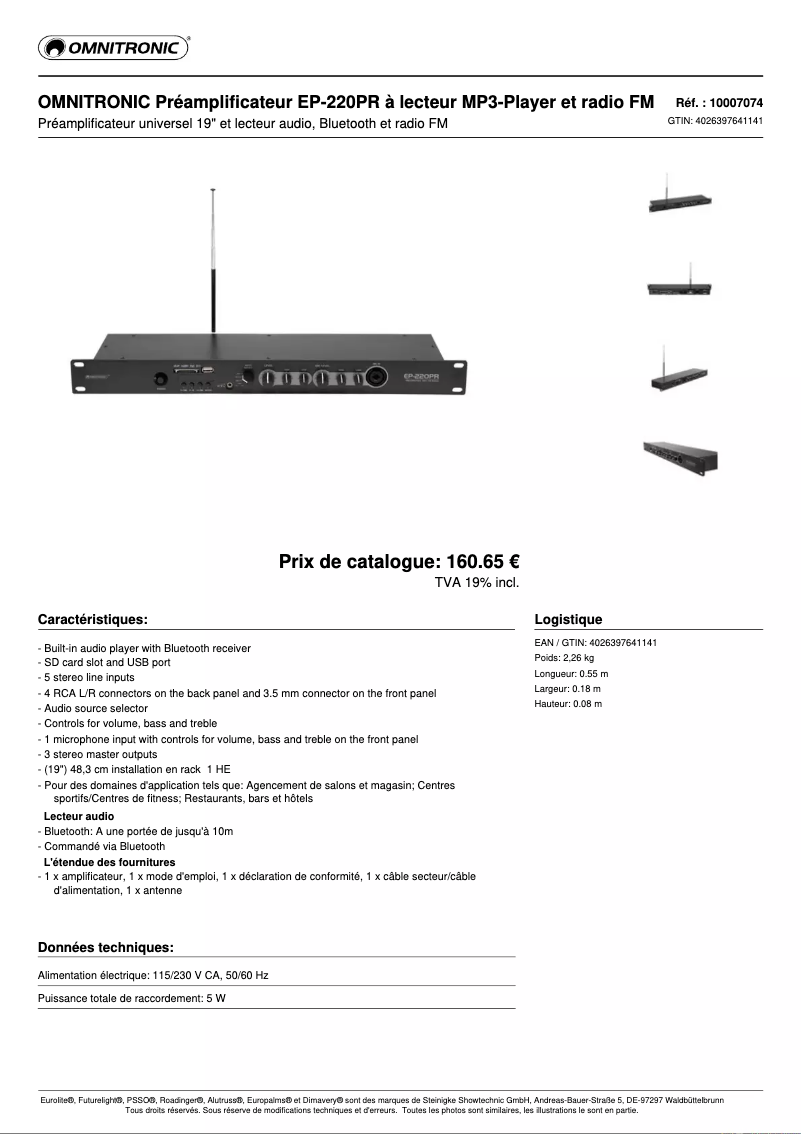 Page n°1 - Fiche technique Omnitronic EP-220PR