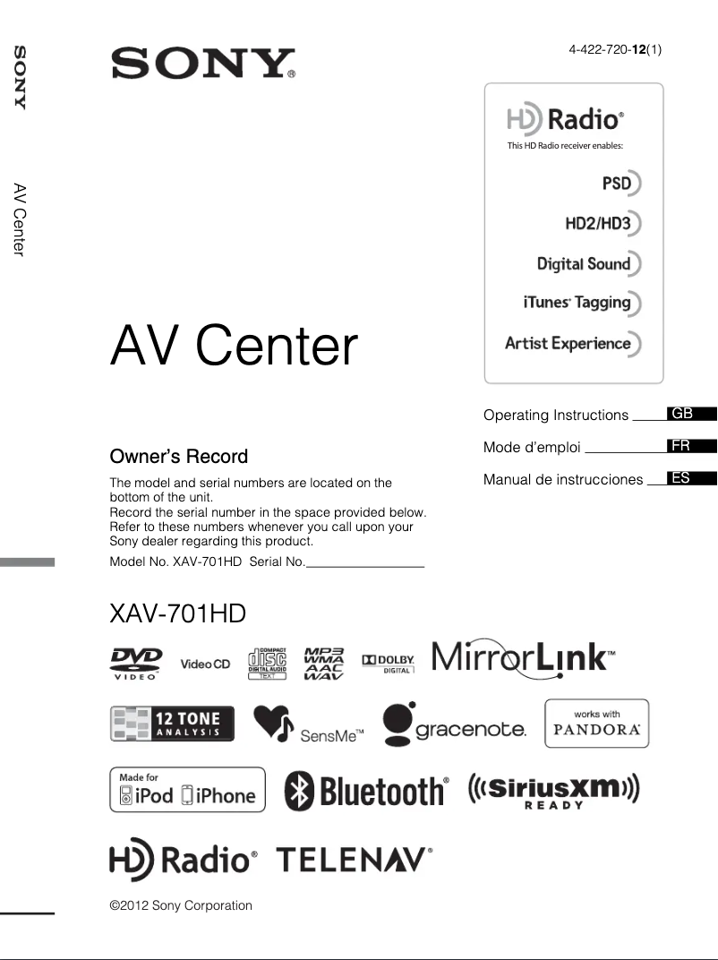 Image de la première page du manuel de l'appareil XAV-701HD