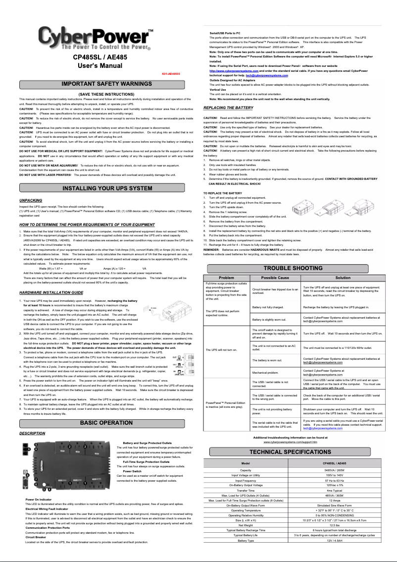 Page n°1 - Manuel utilisateur CyberPower CP485SL