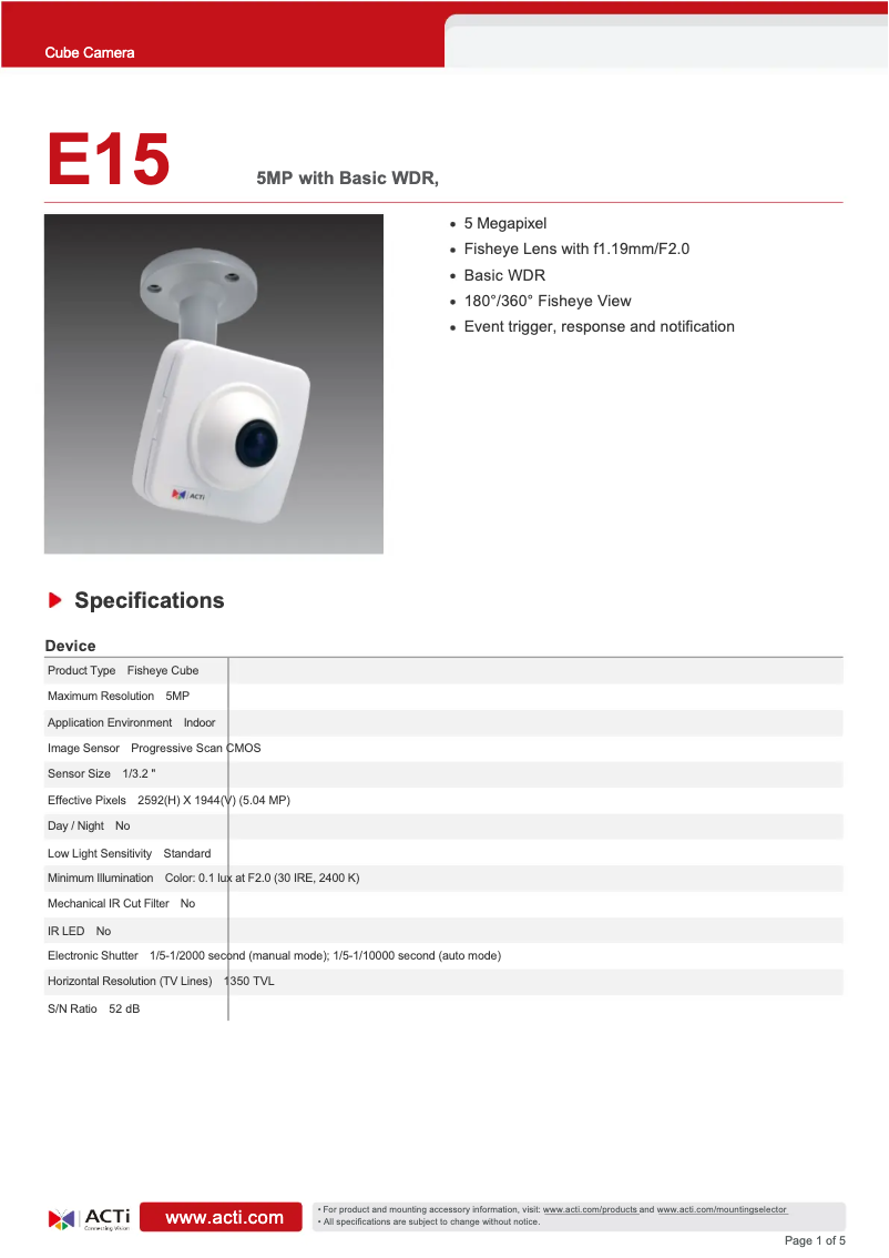 Page n°1 - Fiche technique ACTi E15