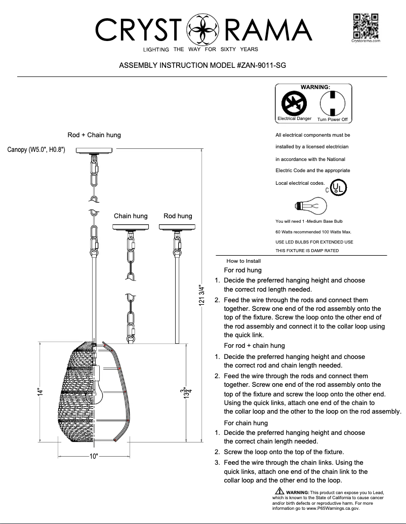 Page 1 de la notice Manuel utilisateur Crystorama Zanzibar ZAN-9011-SG