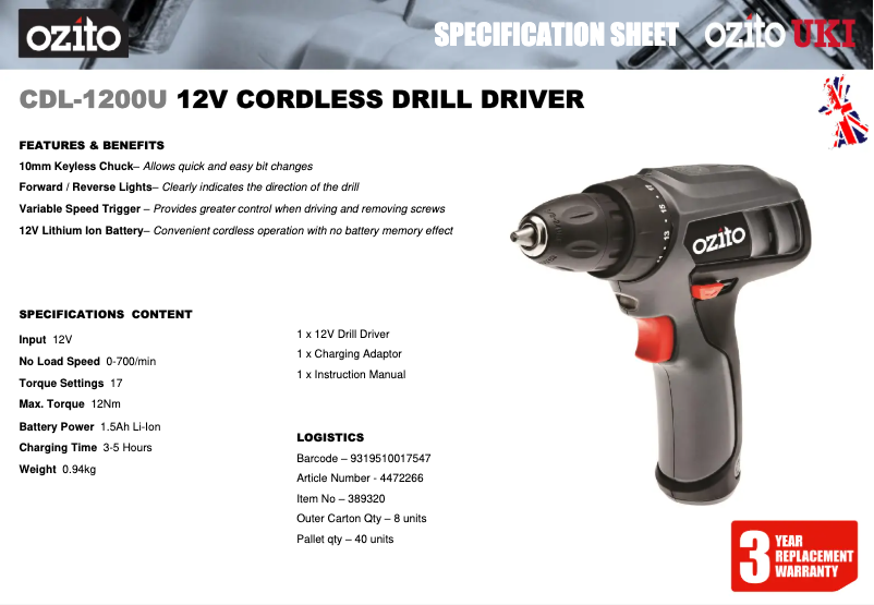 Page 1 de la notice Fiche technique Ozito CDL-1200U