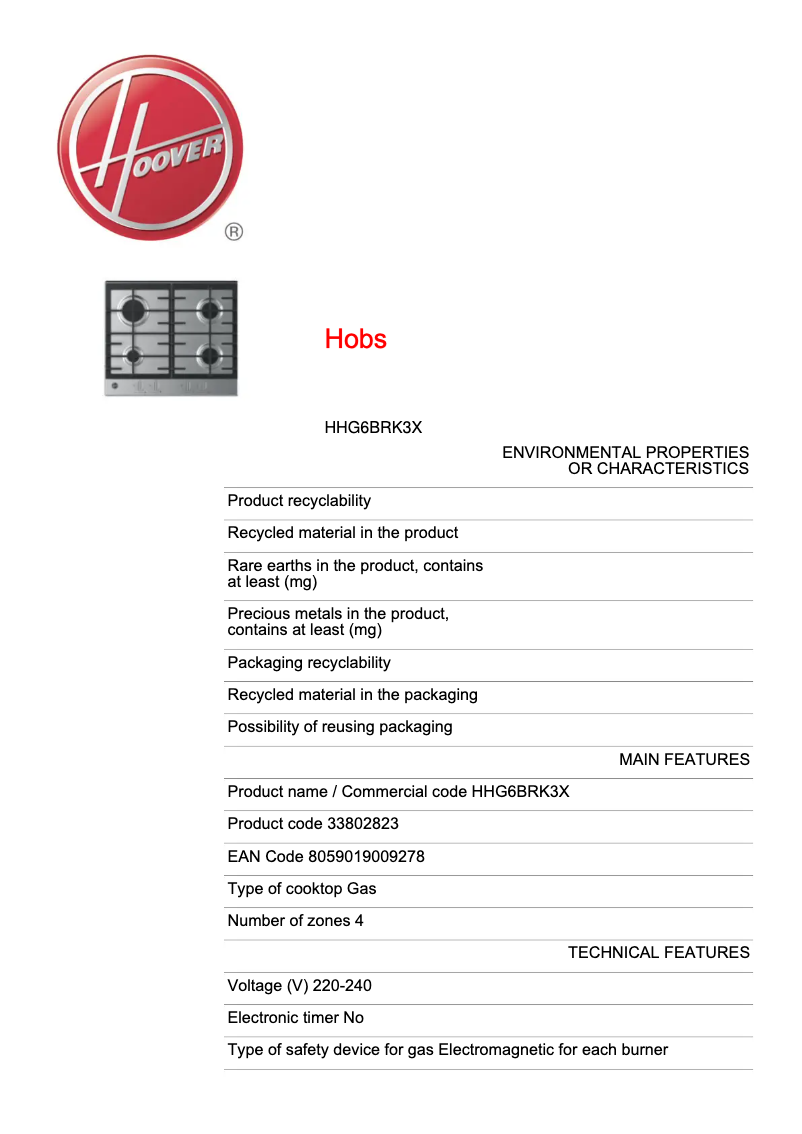 Page n°1 - Fiche technique Hoover H-HOB 300 HHG6BRK3X