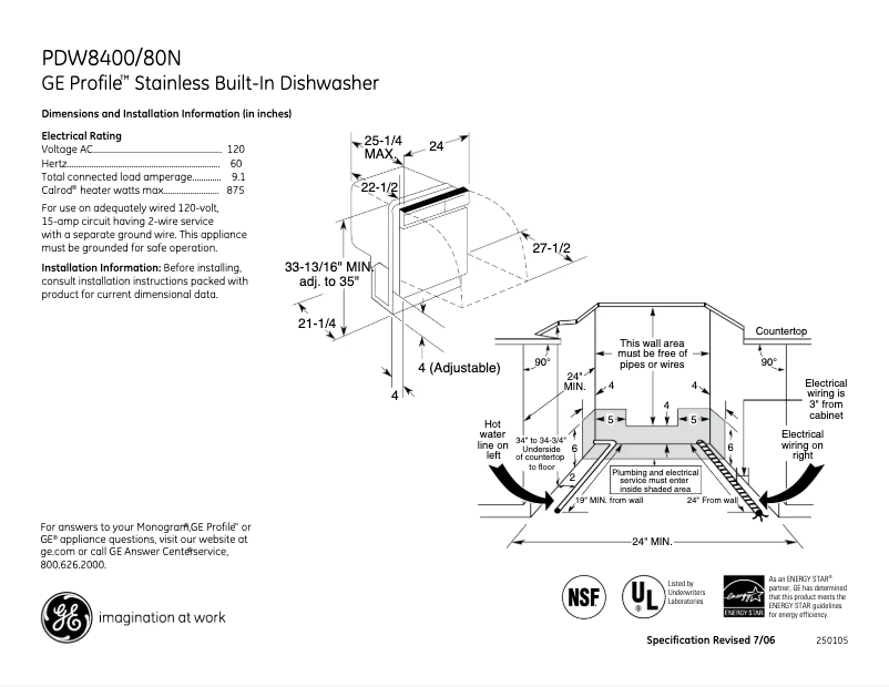 Page 1 de la notice Fiche technique GE Profile PDW8480NSS