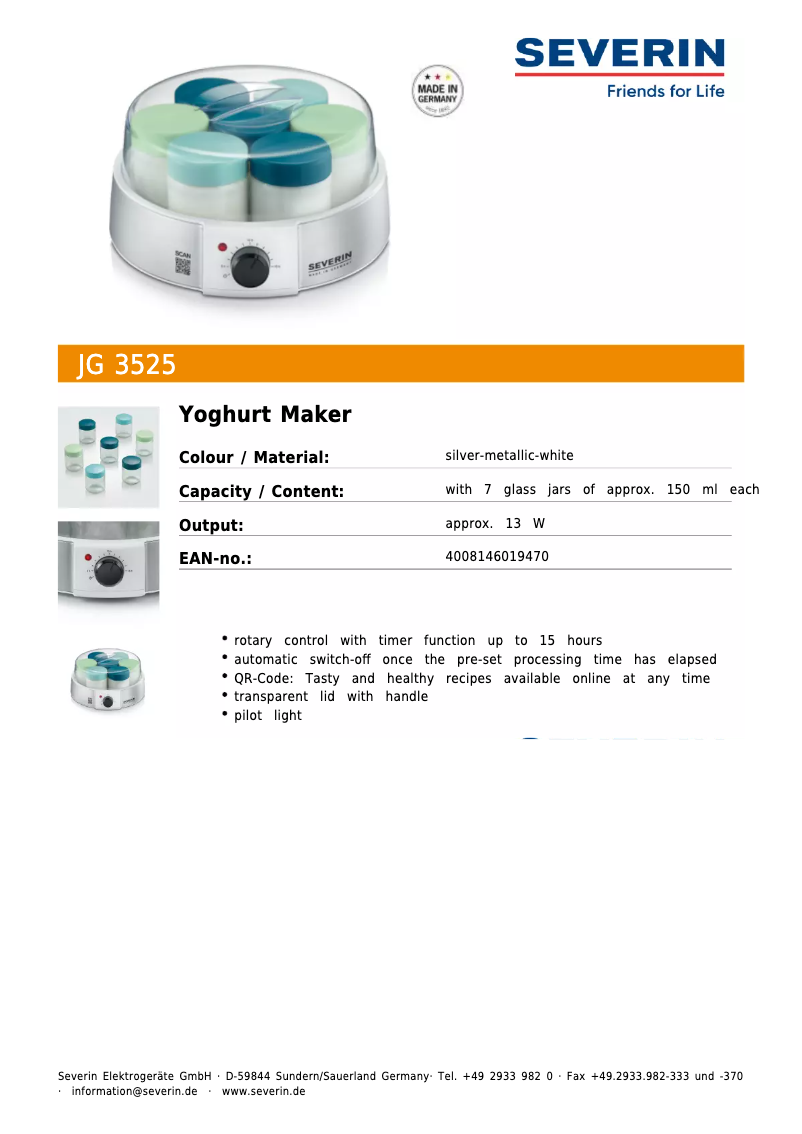 Page 1 de la notice Fiche technique Severin JG 3525