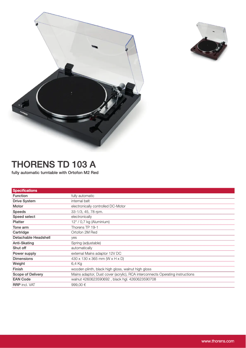 Page 1 de la notice Fiche technique Thorens TD 103 A