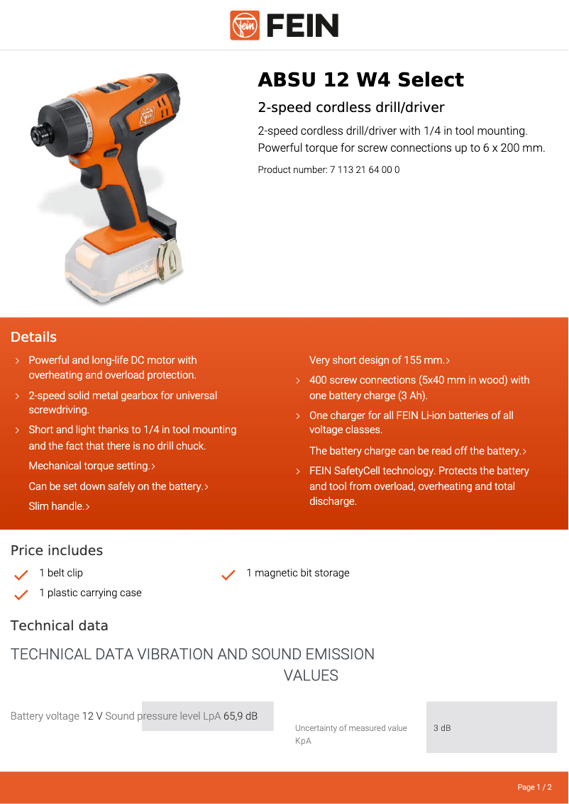 Page n°1 - Fiche technique Fein ABSU 12 W4 Select