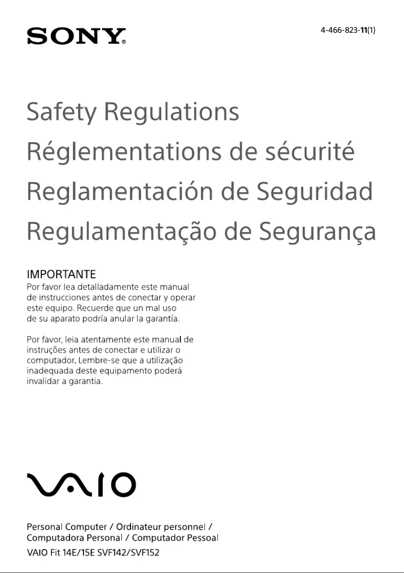 Page 1 de la notice Instructions de sécurité Sony Vaio Fit 14 SVF14217CXP
