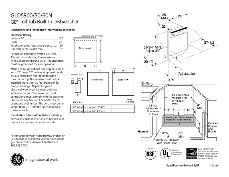 Page 1 of the manual Technical Sheet GE GLD5900NWW