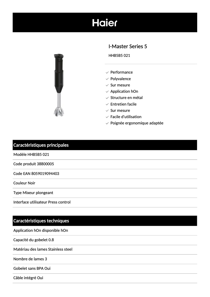Page n°1 - Fiche technique Haier HHB5B5 021