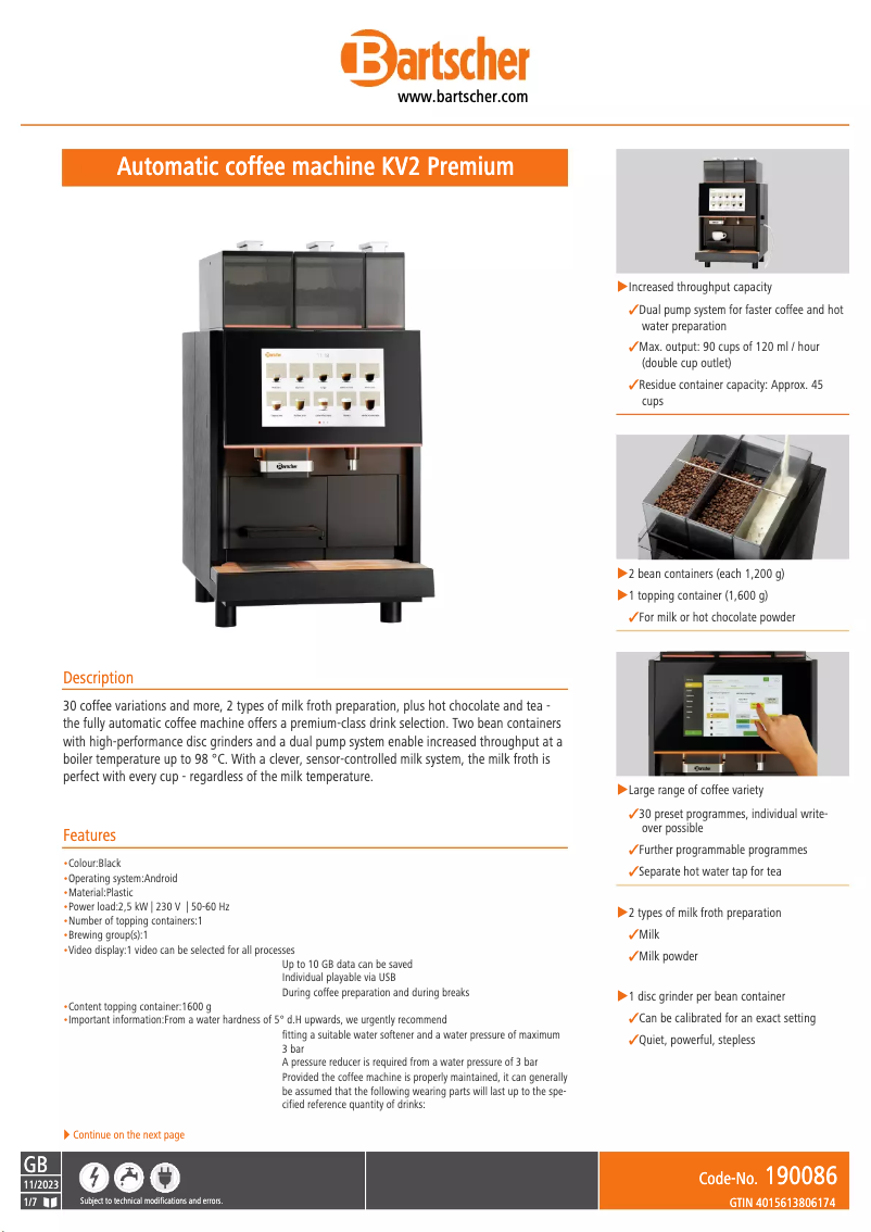 Page n°1 - Fiche technique Bartscher KV2 Premium