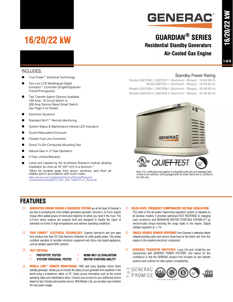 Page n°1 - Fiche technique Generac Guardian 22KW