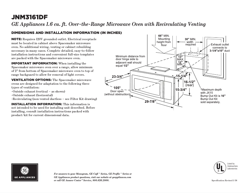 Page 1 of the manual Technical Sheet GE JNM3161DFCC