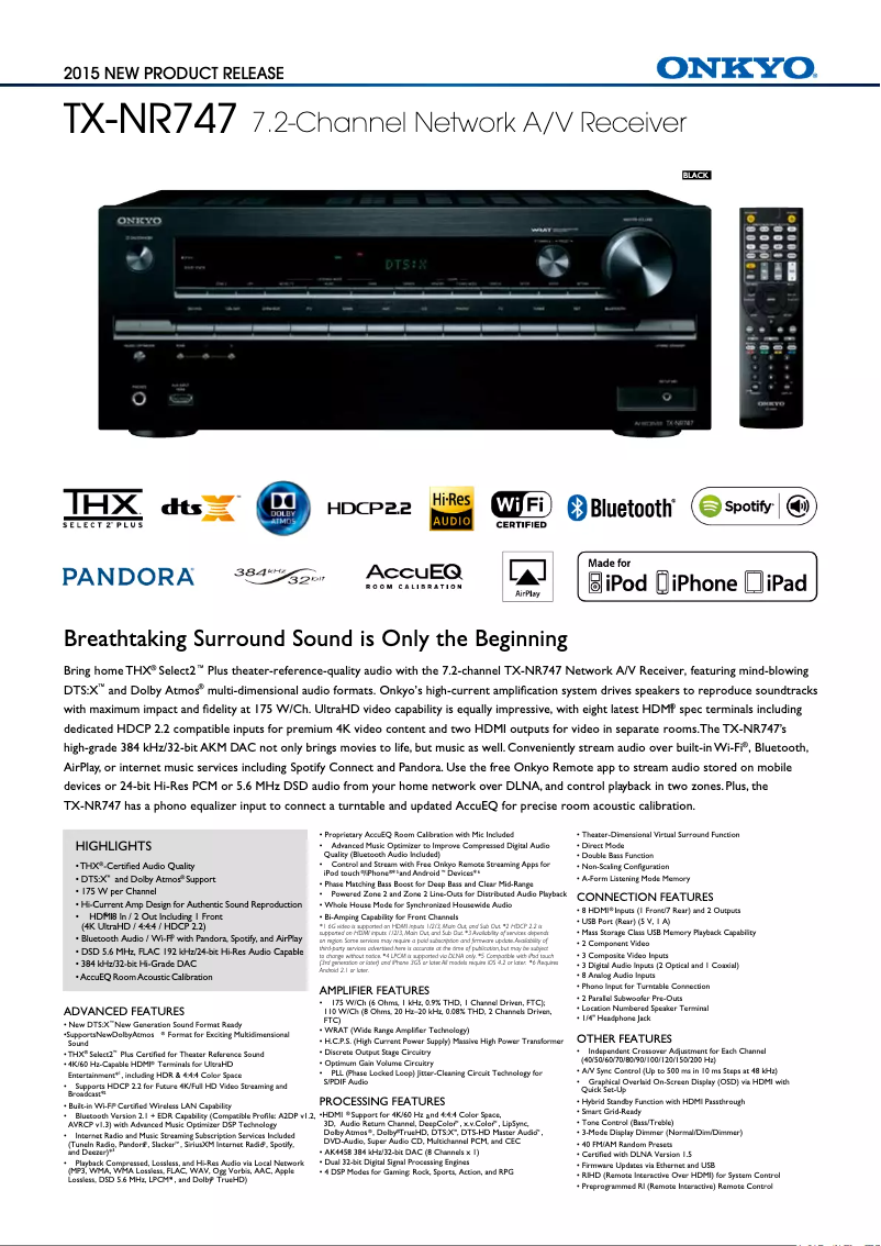 Page 1 de la notice Fiche technique Onkyo TX-NR747