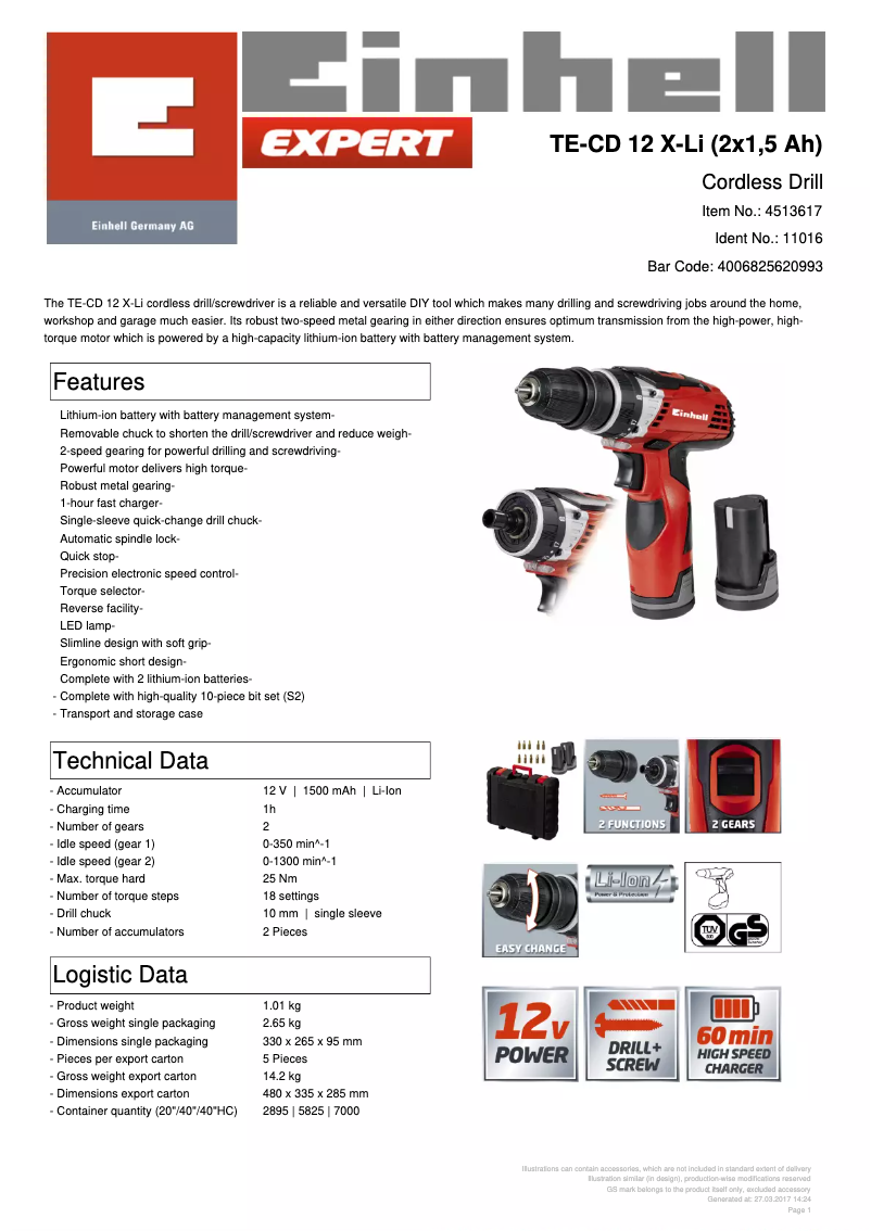 Page 1 de la notice Fiche technique Einhell TE-CD 12 X-Li