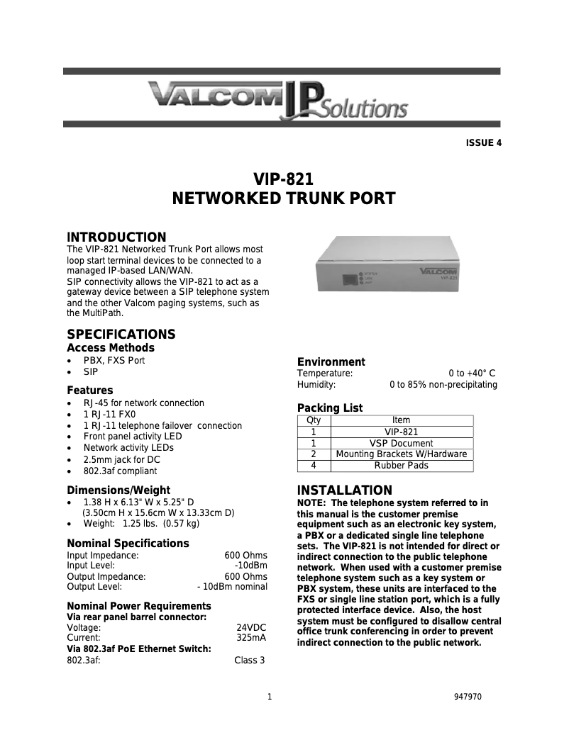 Page 1 de la notice Manuel utilisateur Valcom Trunk Port VIP-821
