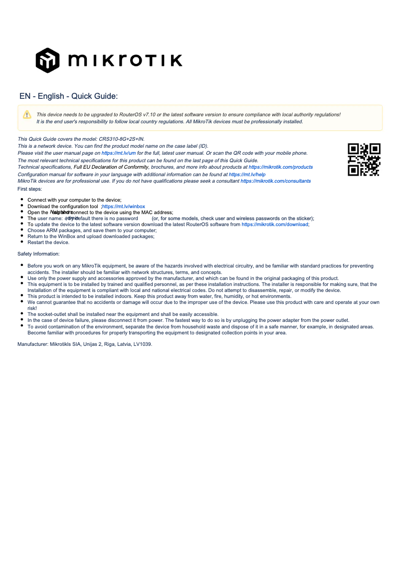 Page 1 de la notice Manuel utilisateur Mikrotik CRS310-8G+2S+IN