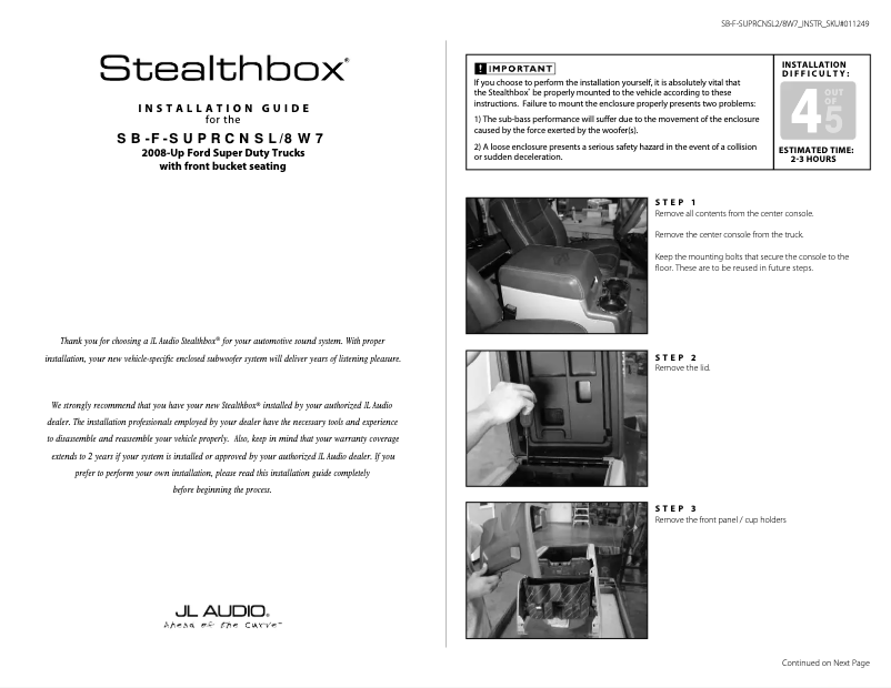 Page n°1 - Guide d'installation JL Audio Stealthbox SB-F-SUPRCNSL2/8W7