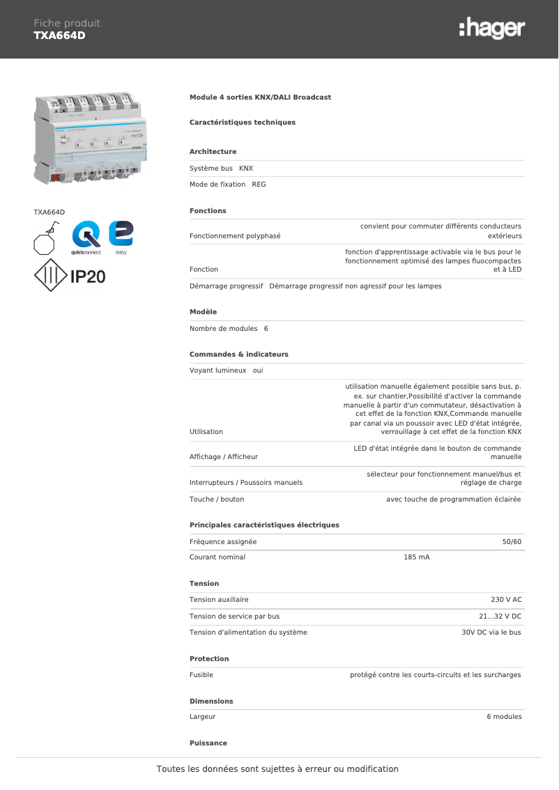 Page 1 de la notice Fiche technique Hager TXA664D