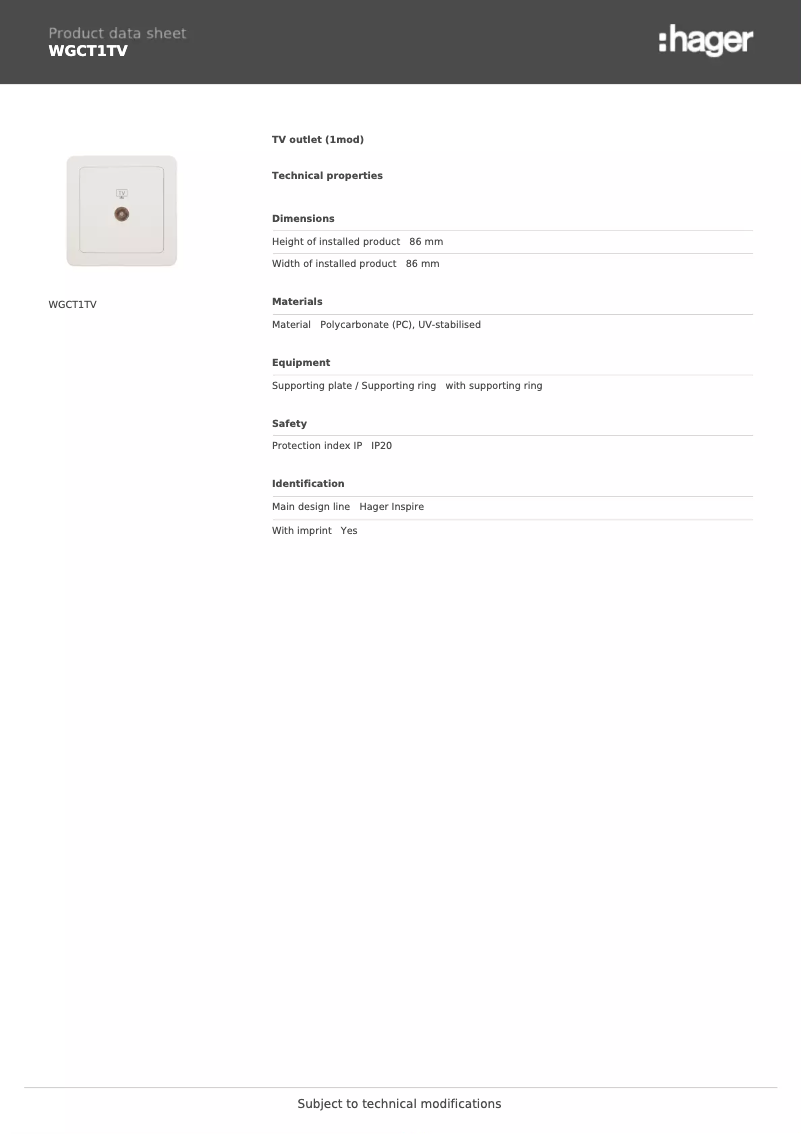 Page 1 de la notice Fiche technique Hager WGCT1TV