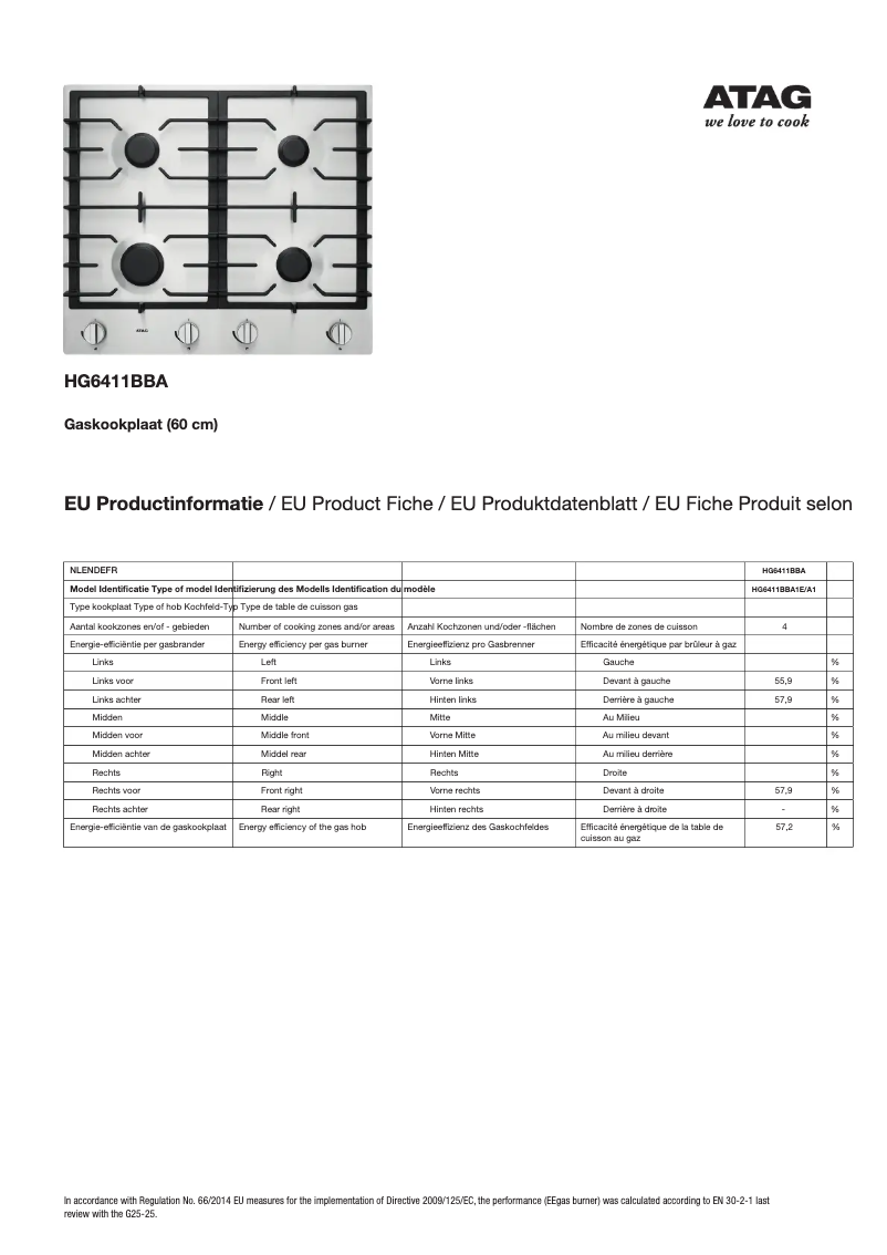 Page 1 de la notice Fiche technique Atag HG6411BBA