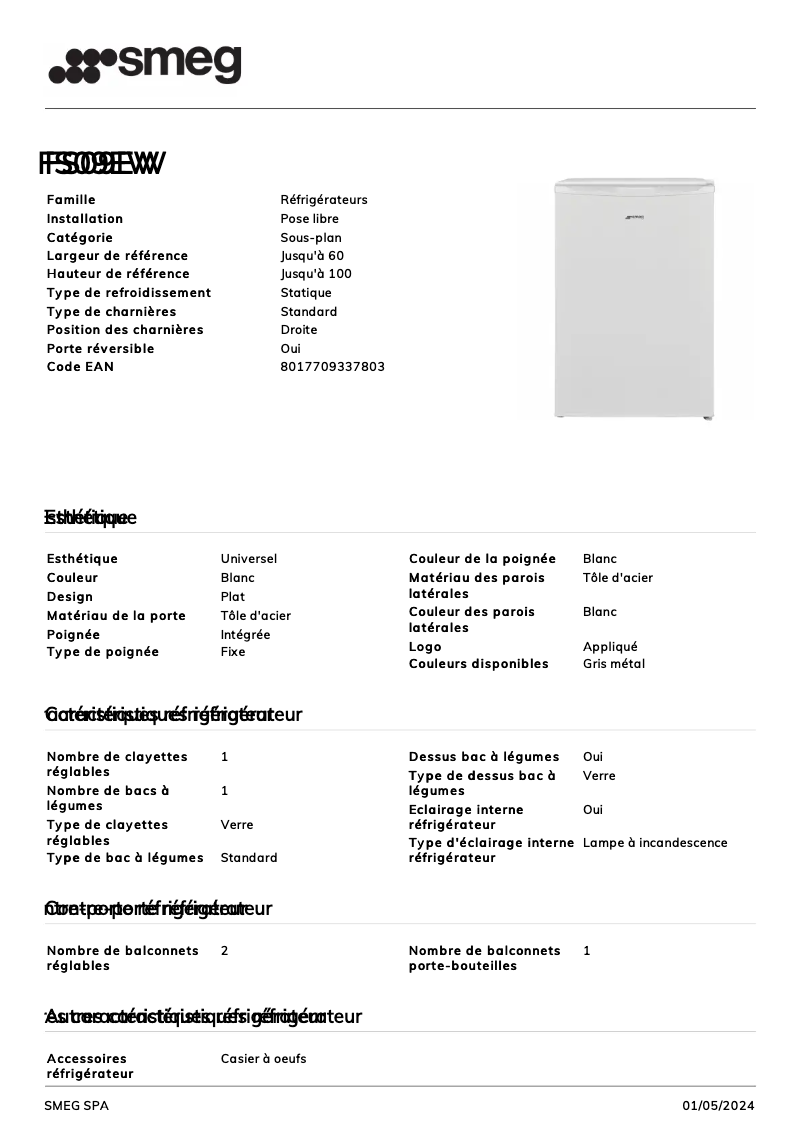 Page n°1 - Fiche technique Smeg FS09EW