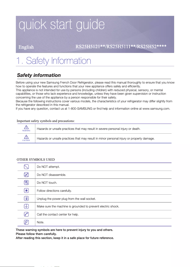 Page n°1 - Guide de démarrage rapide Samsung RS25H5223SP