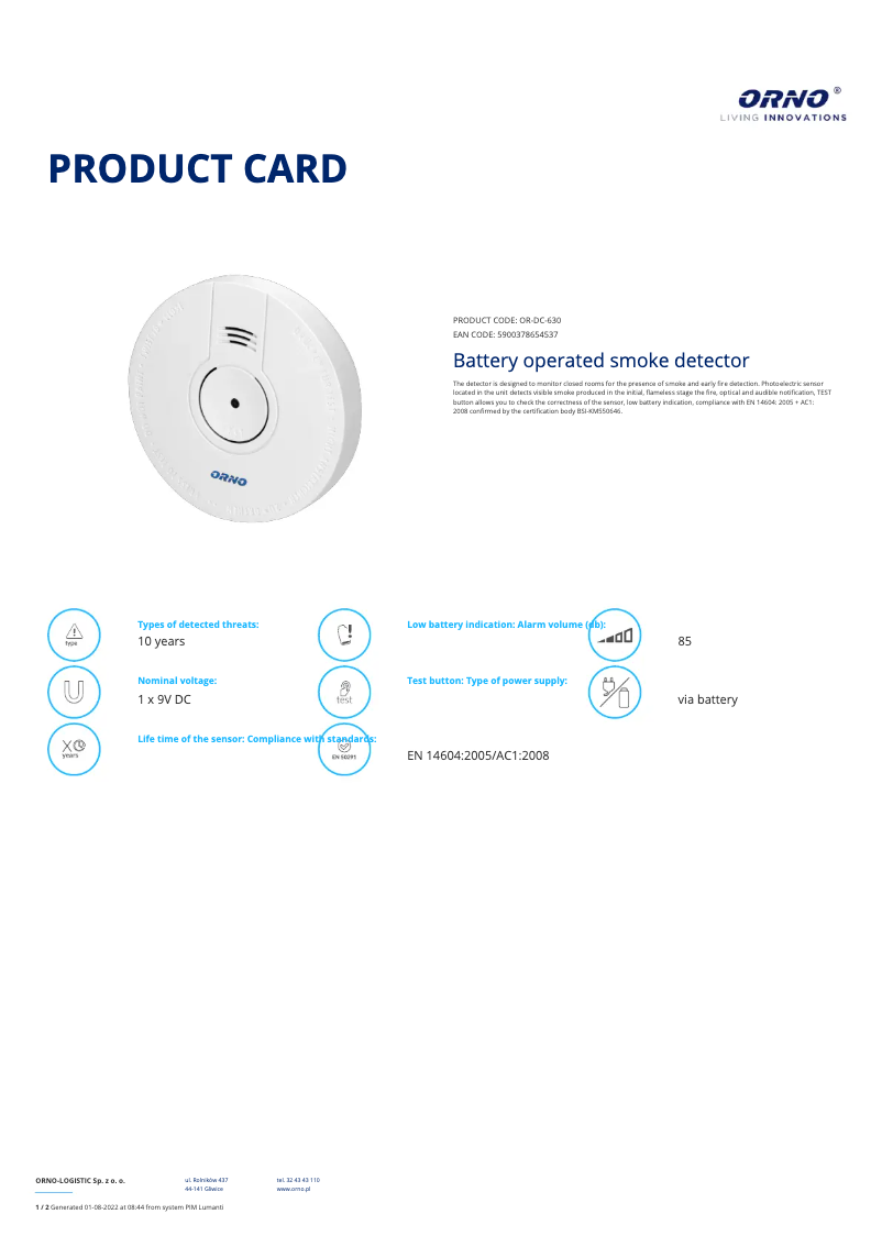 Page 1 de la notice Fiche technique ORNO OR-DC-630