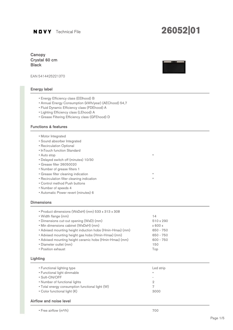 Page 1 de la notice Fiche technique Novy Crystal 26052